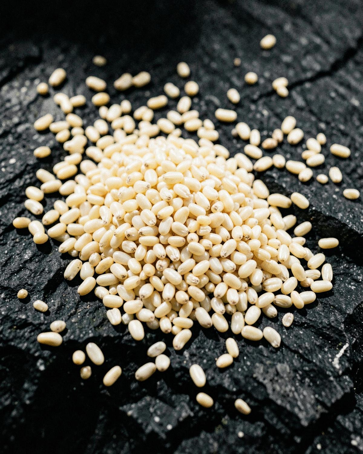White maize grain spread across dark stone
