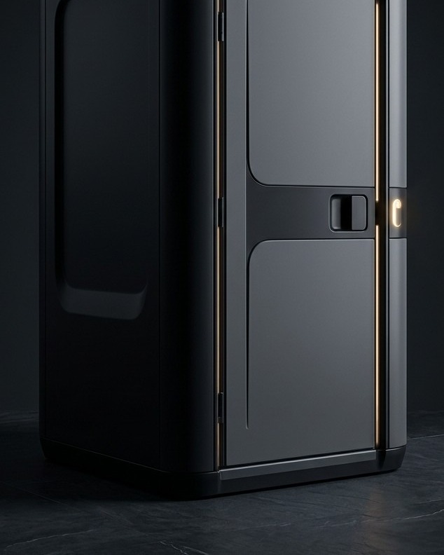 Matte charcoal cabin edged in warm brass light