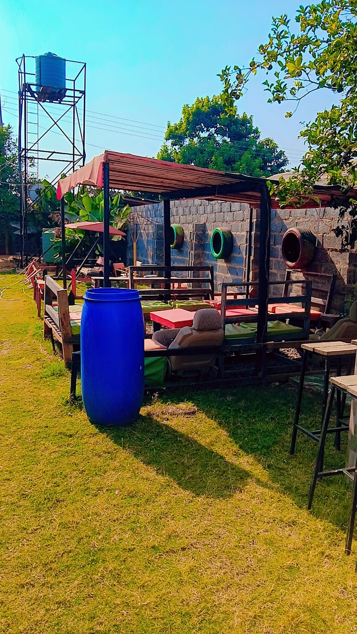 Outdoor garden event area with shaded seating